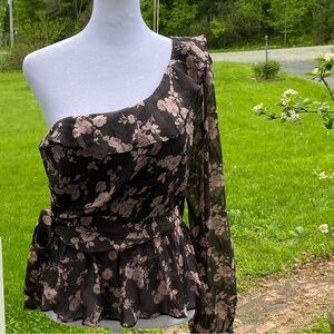 For Love & Lemons Theo One Shoulder Blouse Brown Pink Peplum Asymmetrical